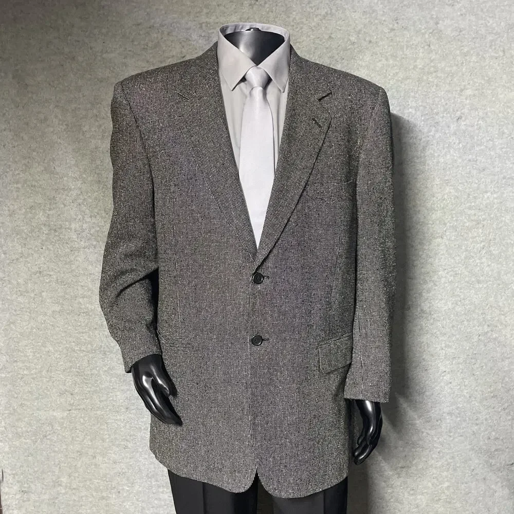 Vtg Barrington Mens 44L Sport Coat Gray 100% Silk Blazer Herringbone Tweed